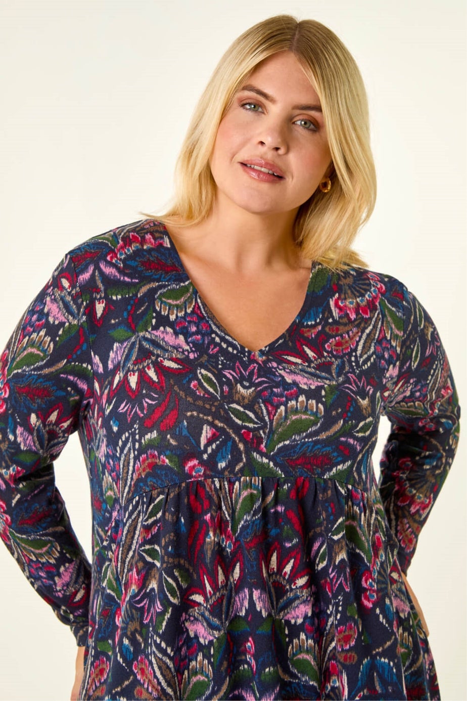 Roman NAVY Paisley Soft Stretch V-Neck Dress