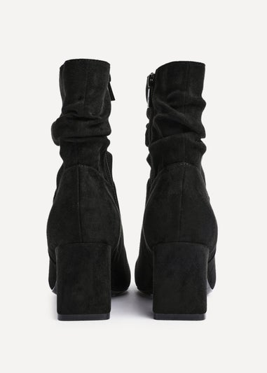 Linzi Maven Black Faux Suede Ruched Block Heel Ankle Boot