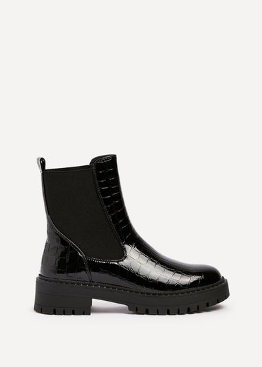 Linzi Landon Black Faux Croc Patent Leather Chunky Ankle Boot