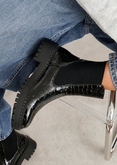 Linzi Landon Black Faux Croc Patent Leather Chunky Ankle Boot