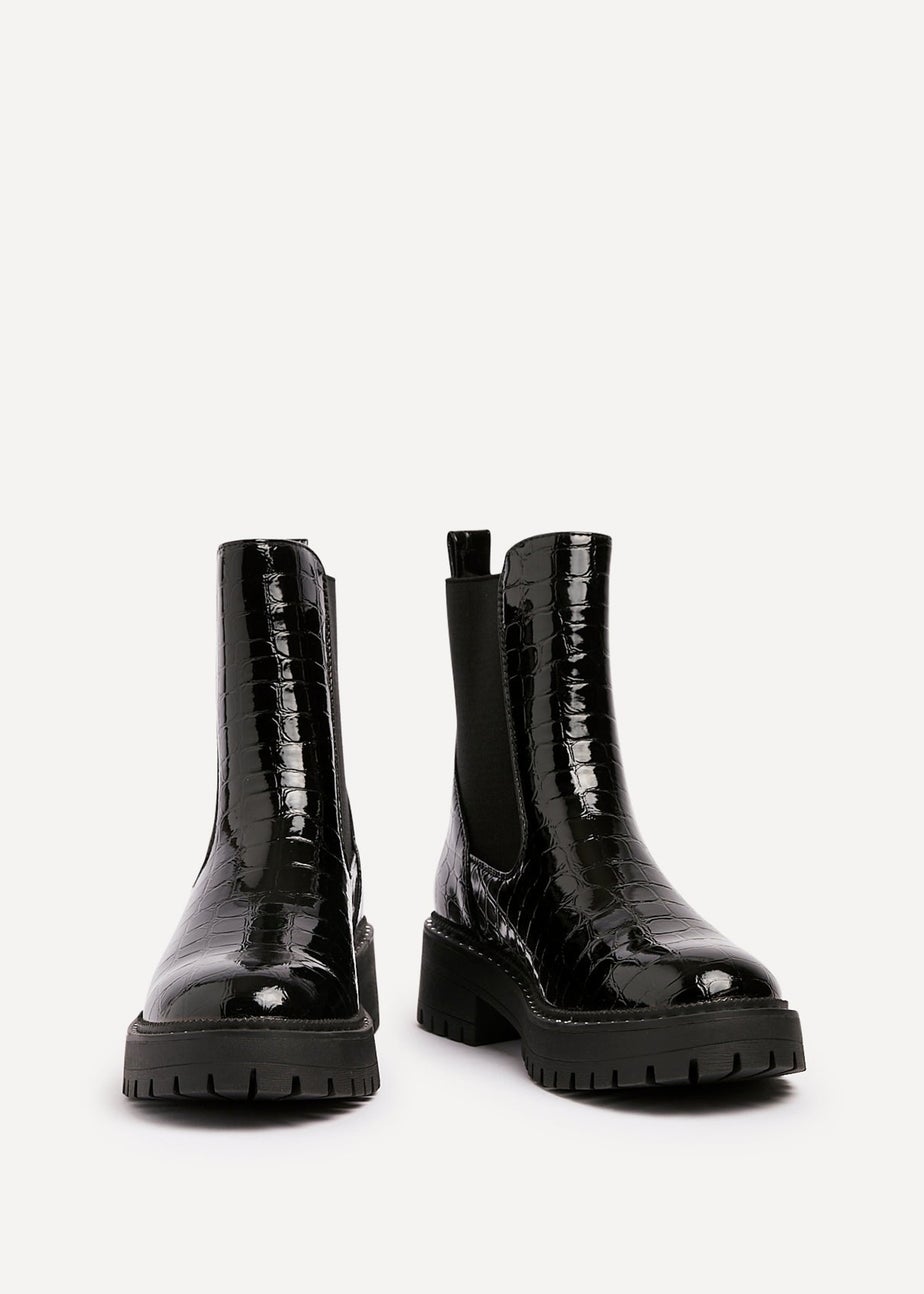 Linzi Landon Black Faux Croc Patent Leather Chunky Ankle Boot