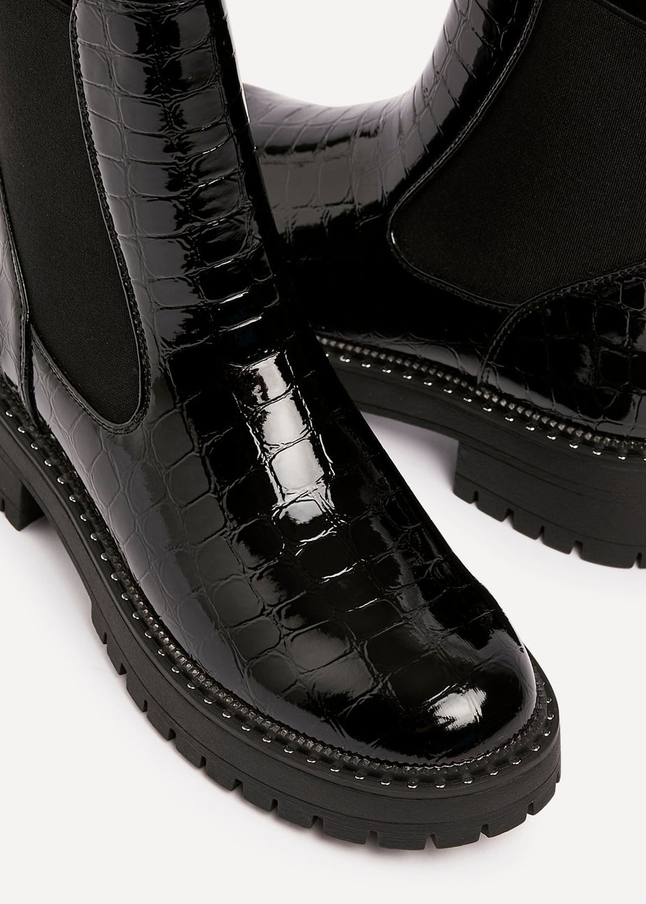 Linzi Landon Black Faux Croc Patent Leather Chunky Ankle Boot