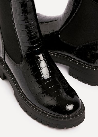 Linzi Landon Black Faux Croc Patent Leather Chunky Ankle Boot