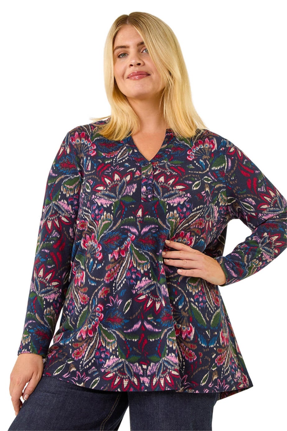 Roman Navy Paisley Print Soft Stretch Top