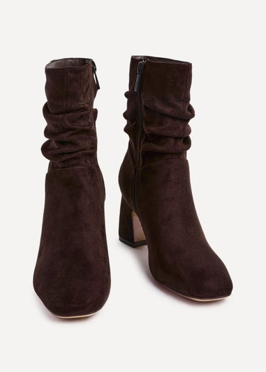 Linzi Maven Brown Faux Suede Ruched Block Heel Ankle Boot