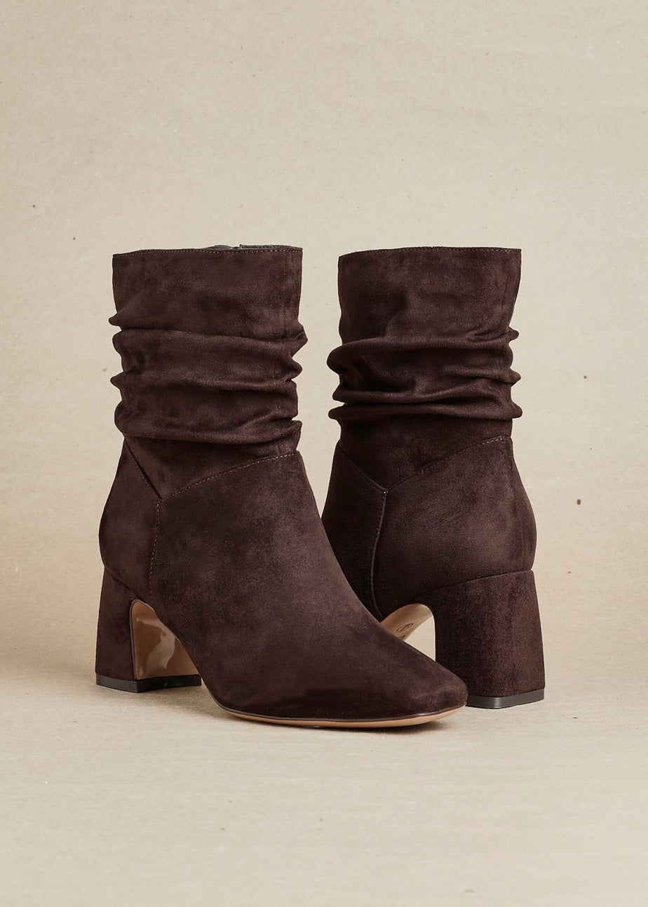 Linzi Maven Brown Faux Suede Ruched Block Heel Ankle Boot
