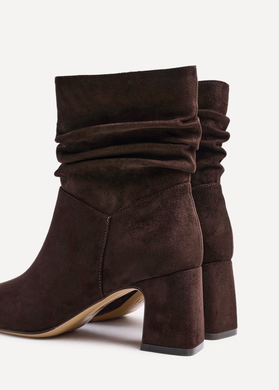 Linzi Maven Brown Faux Suede Ruched Block Heel Ankle Boot