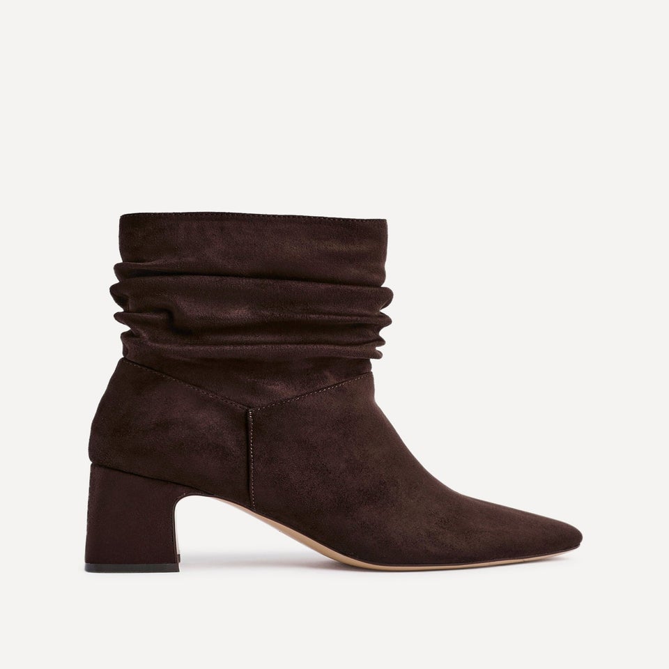 Linzi Maven Brown Faux Suede Ruched Block Heel Ankle Boot