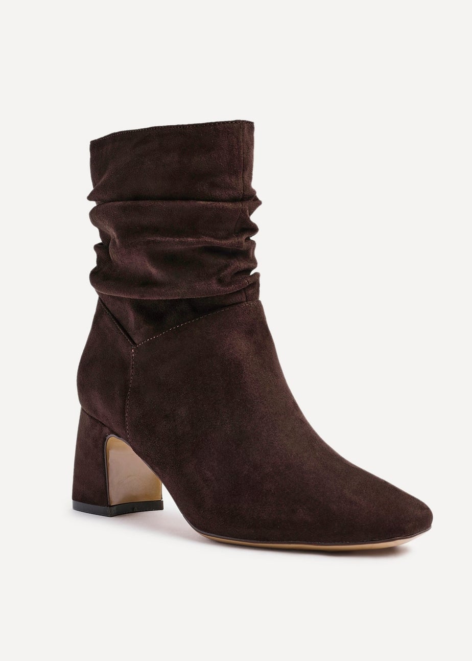 Linzi Maven Brown Faux Suede Ruched Block Heel Ankle Boot