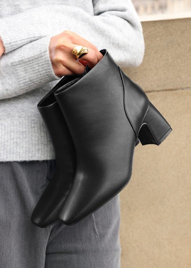 Linzi Cove Black Faux Leather Soft Square Toe Block Heel Ankle Boot