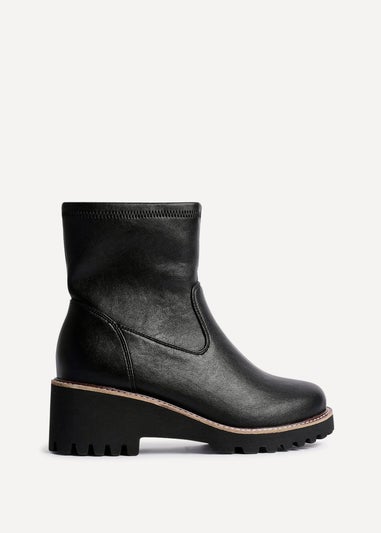 Linzi Pulse Wide Fit Black Faux Leather Wedged Heel Ankle Boot