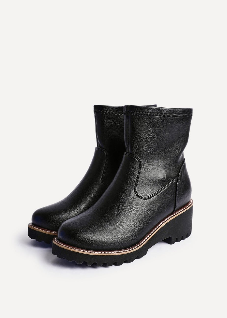 Linzi Pulse Wide Fit Black Faux Leather Wedged Heel Ankle Boot