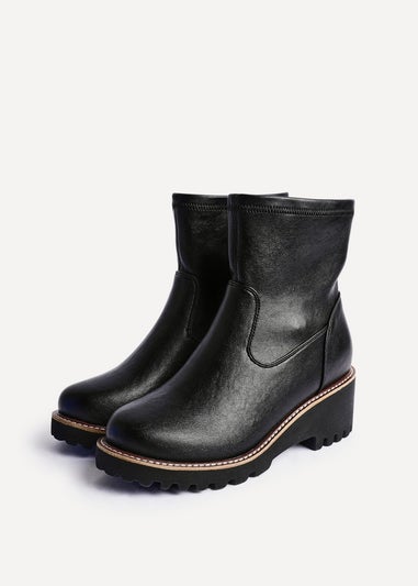 Linzi Pulse Wide Fit Black Faux Leather Wedged Heel Ankle Boot