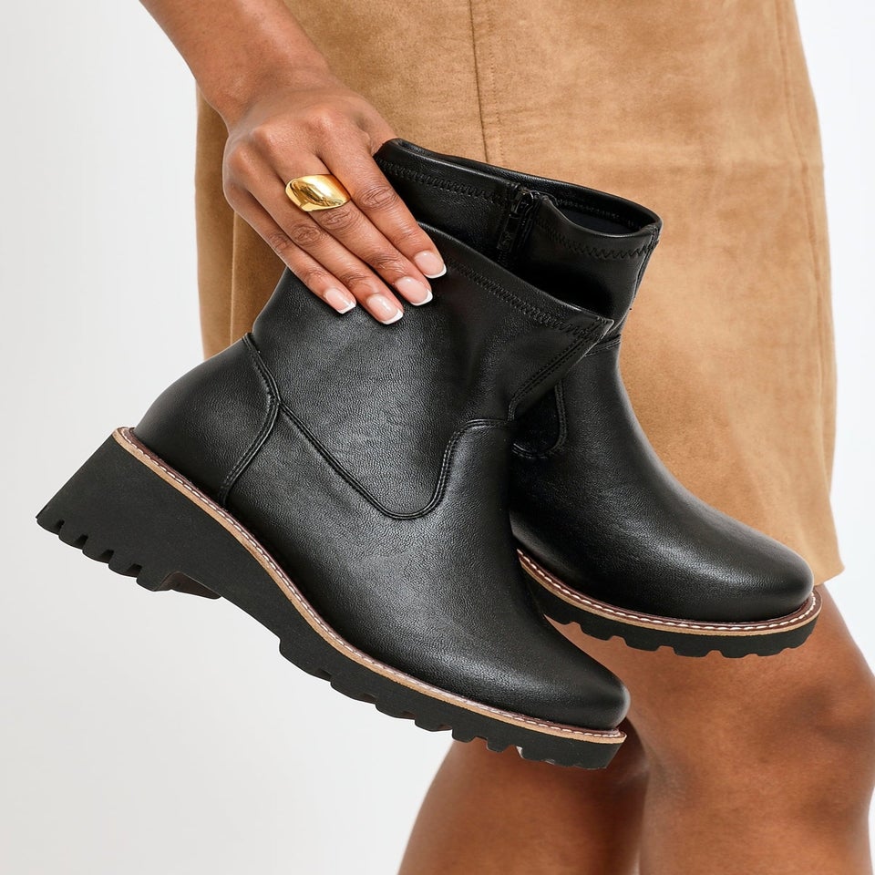 Linzi Pulse Wide Fit Black Faux Leather Wedged Heel Ankle Boot