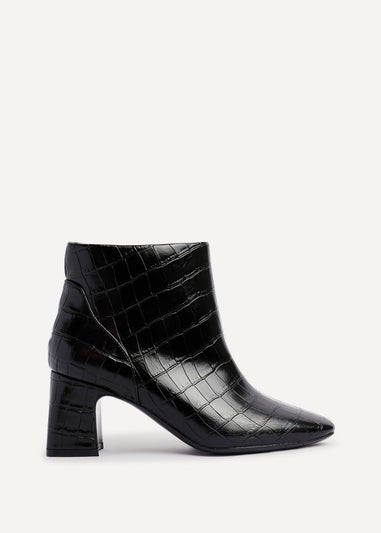Linzi Cove Black Faux Croc Patent Leather Soft Square Toe Block Heel Ankle Boot