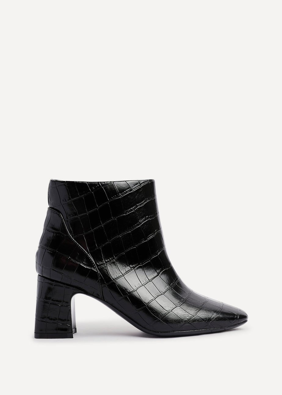 Linzi Cove Black Faux Croc Patent Leather Soft Square Toe Block Heel Ankle Boot