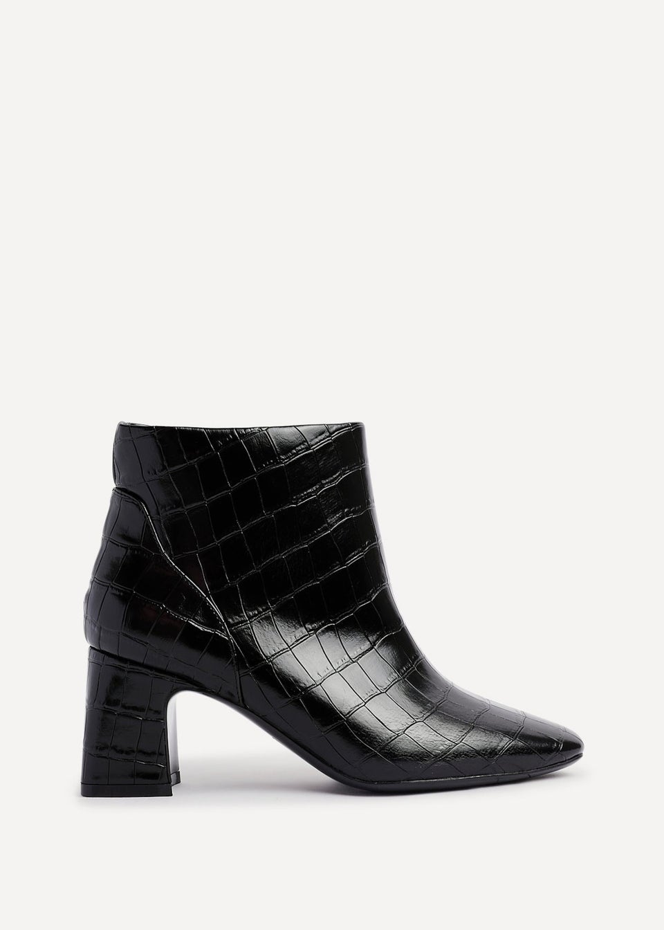 Linzi Cove Black Faux Croc Patent Leather Soft Square Toe Block Heel Ankle Boot