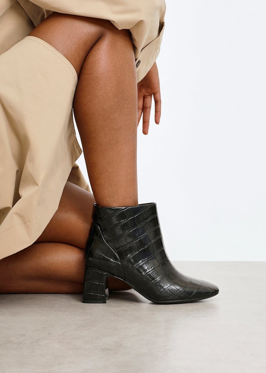 Linzi Cove Black Faux Croc Patent Leather Soft Square Toe Block Heel Ankle Boot