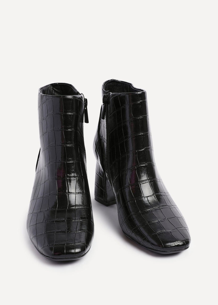 Linzi Cove Black Faux Croc Patent Leather Soft Square Toe Block Heel Ankle Boot