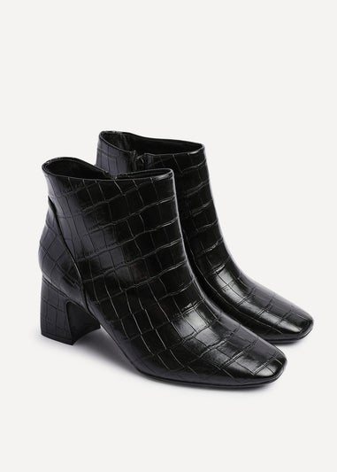 Linzi Cove Black Faux Croc Patent Leather Soft Square Toe Block Heel Ankle Boot