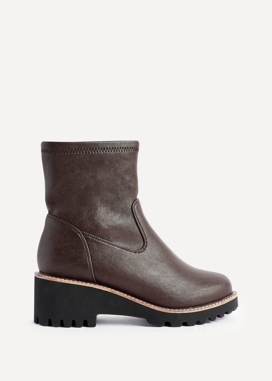 Linzi Pulse Wide Fit Brown Faux Leather Wedged Heel Ankle Boot