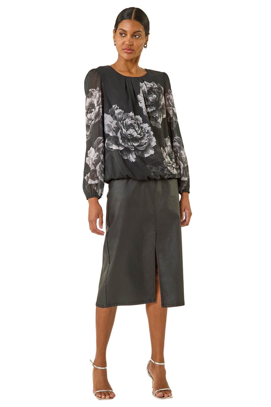 Roman Grey Floral Print Sequin Top