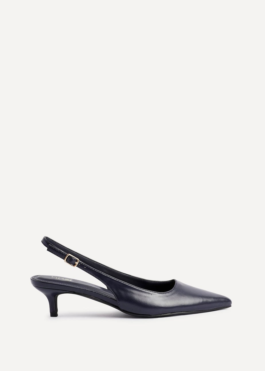 Linzi Elvira Navy Faux Leather Slingback Kitten Court Heels