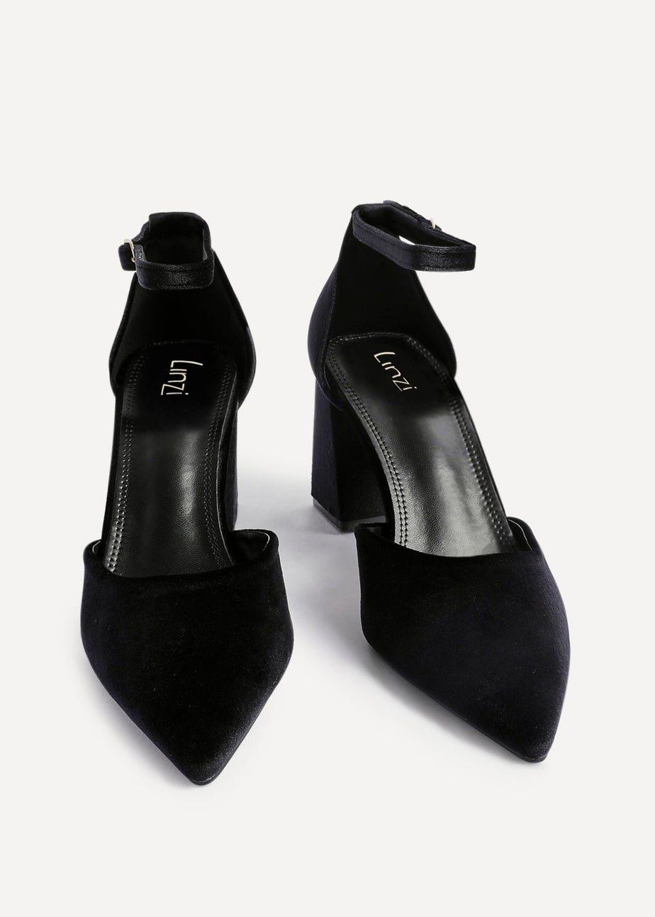 Linzi Glam Black Velvet Pointed Block Heel Courts