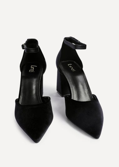 Linzi Glam Black Velvet Pointed Block Heel Courts