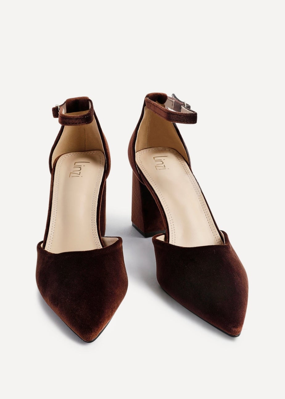 Linzi Glam Brown Velvet Pointed Block Heel Courts