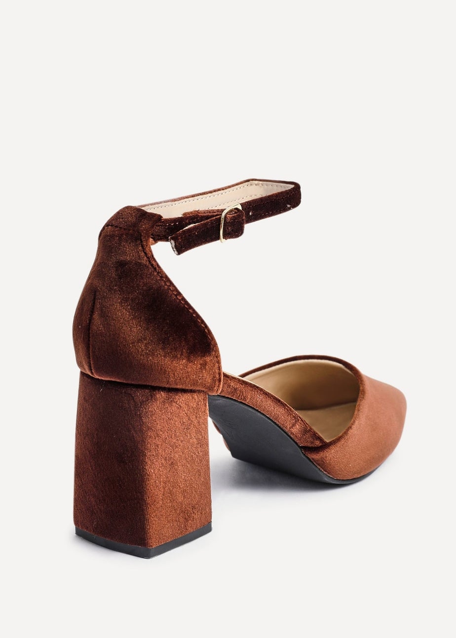 Linzi Glam Brown Velvet Pointed Block Heel Courts