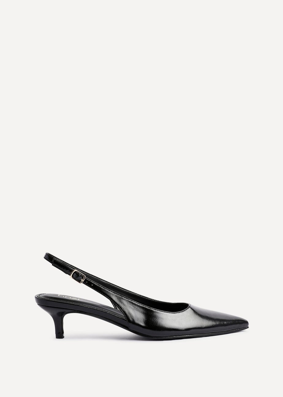 Linzi Elvira Black Faux Leather Slingback Kitten Court Heels