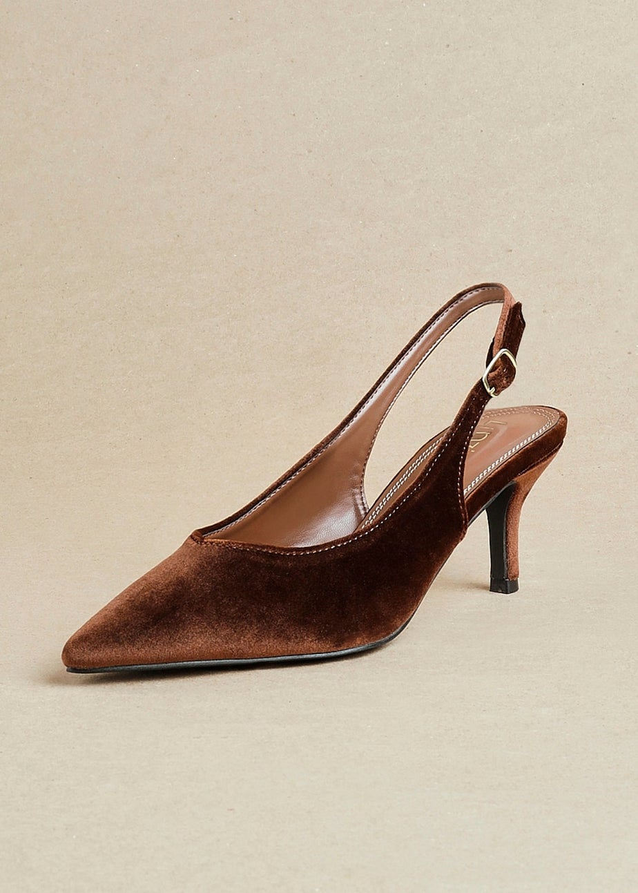 Linzi Finesse Brown Velvet Pointed Slingback Stiletto Court Heels