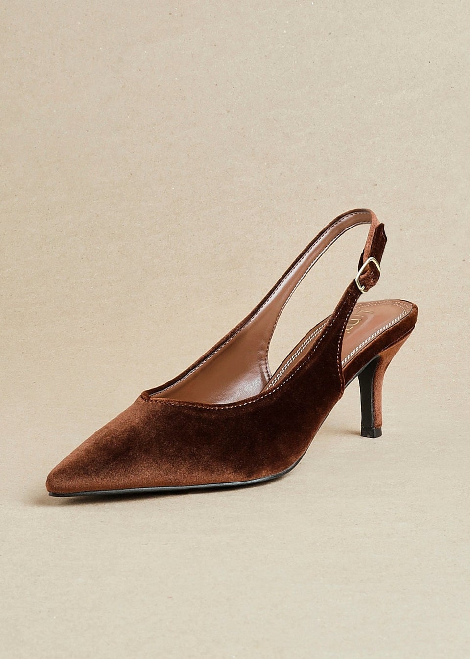 Linzi Finesse Brown Velvet Pointed Slingback Stiletto Court Heels