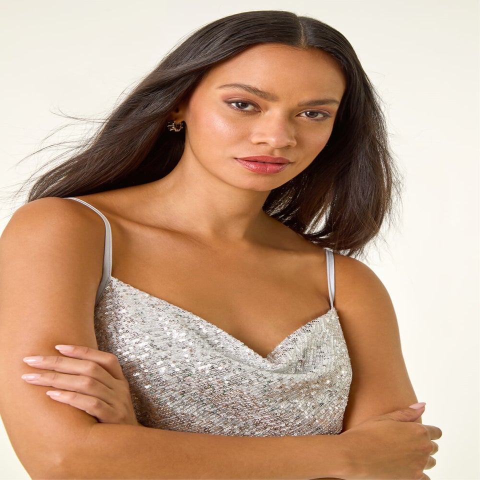 Dusk Silver Cowl Neck Sequin Cami Top