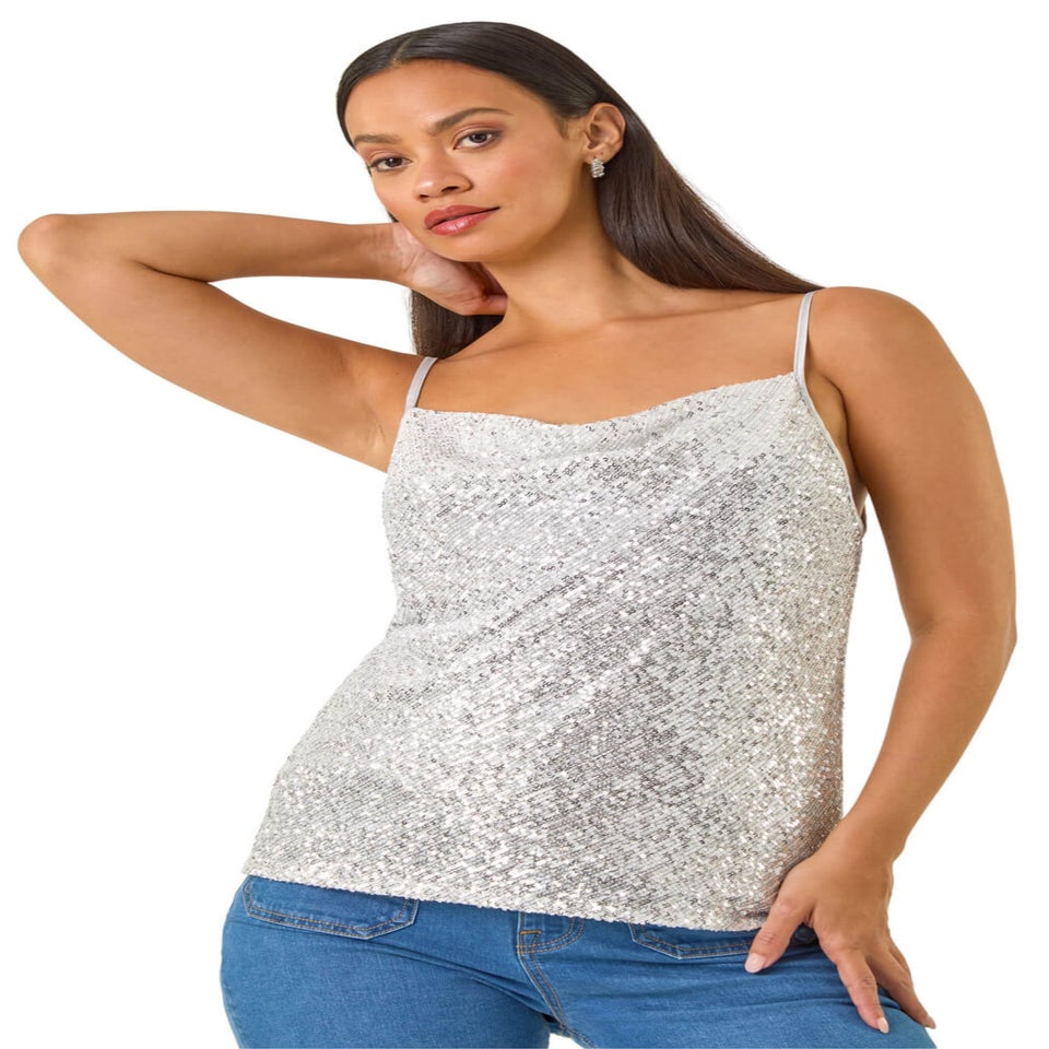 Dusk Silver Cowl Neck Sequin Cami Top