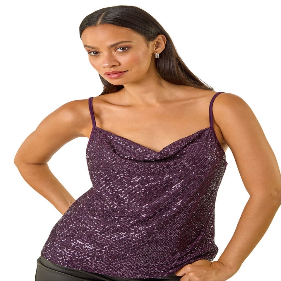 Dusk Purple Cowl Neck Sequin Cami Top