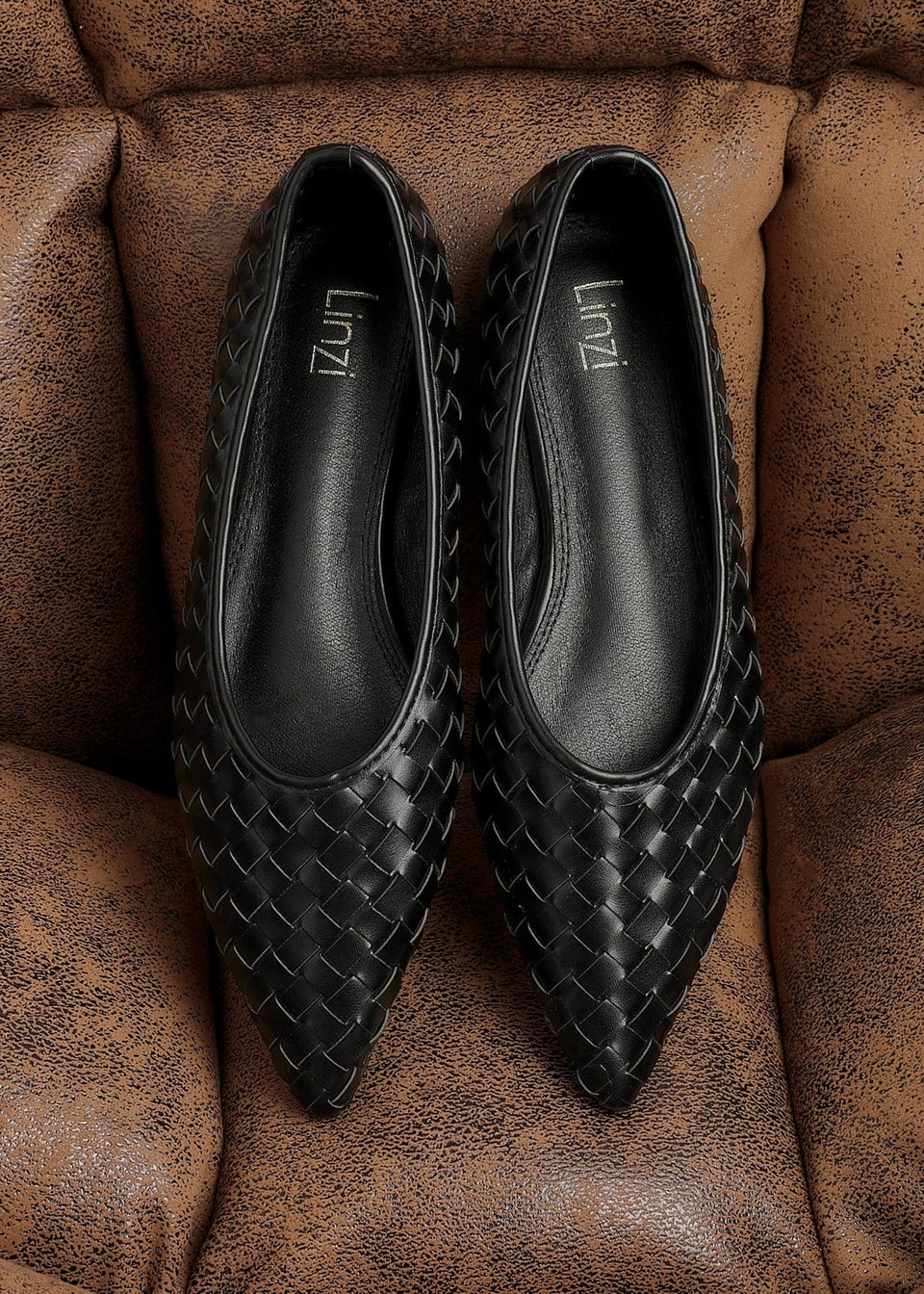 Linzi Talina Black Faux Leather Woven Pointed Toe Ballet Flats