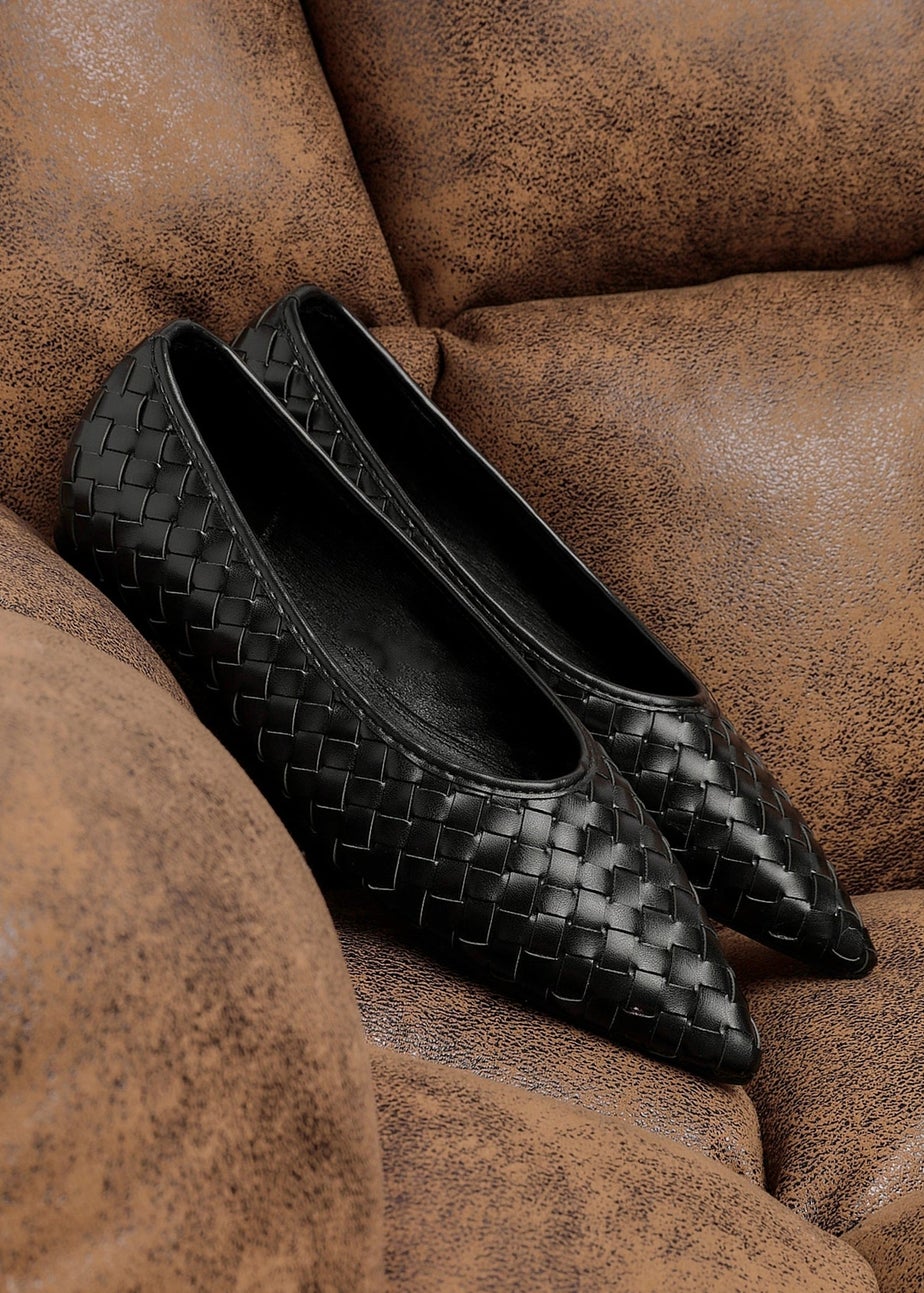 Linzi Talina Black Faux Leather Woven Pointed Toe Ballet Flats