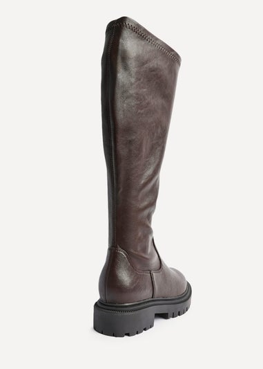 Linzi Hallie Brown Faux Leather High Leg Stretch Boot