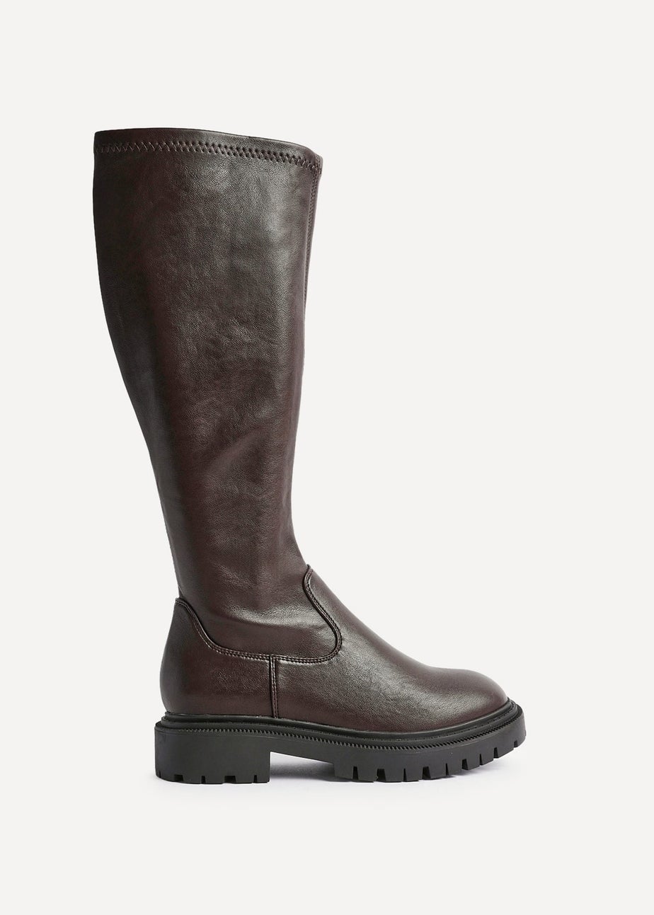 Linzi Hallie Brown Faux Leather High Leg Stretch Boot