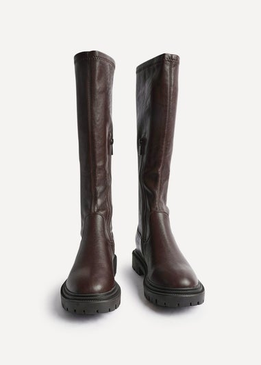 Linzi Hallie Brown Faux Leather High Leg Stretch Boot