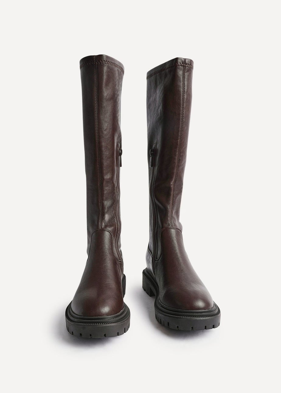 Linzi Hallie Brown Faux Leather High Leg Stretch Boot