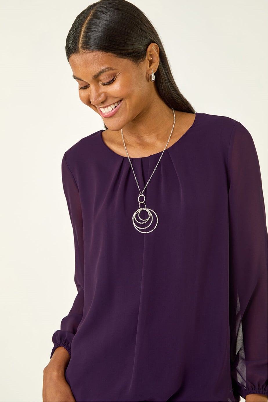 Roman Purple Pleated Chiffon Necklace Top