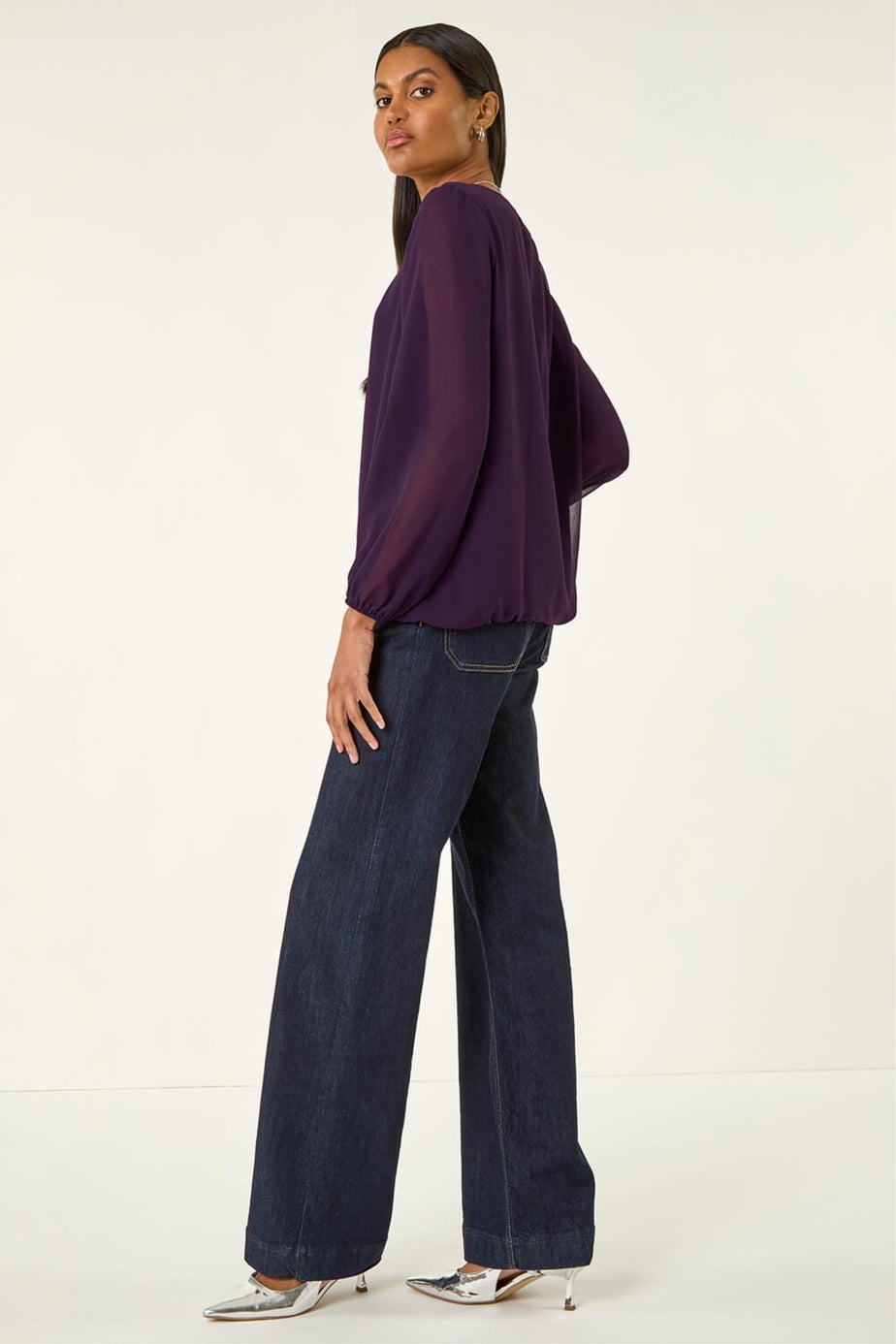 Roman Purple Pleated Chiffon Necklace Top