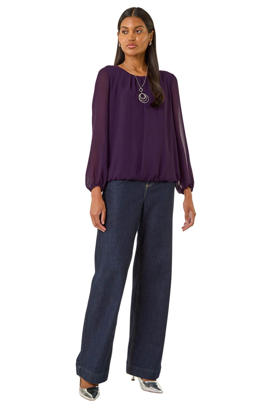 Roman Purple Pleated Chiffon Necklace Top