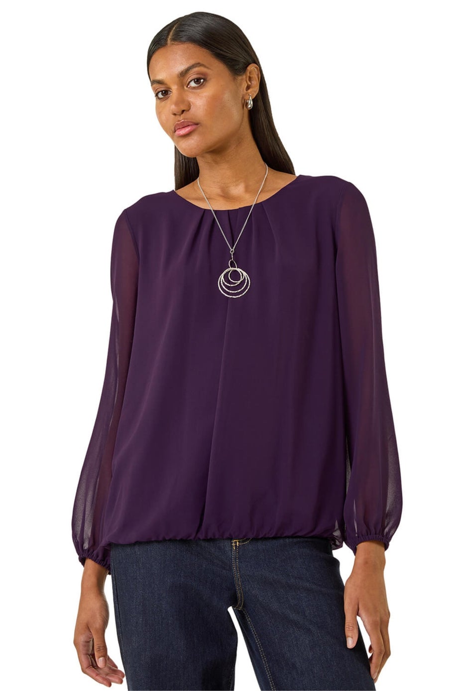 Roman Purple Pleated Chiffon Necklace Top