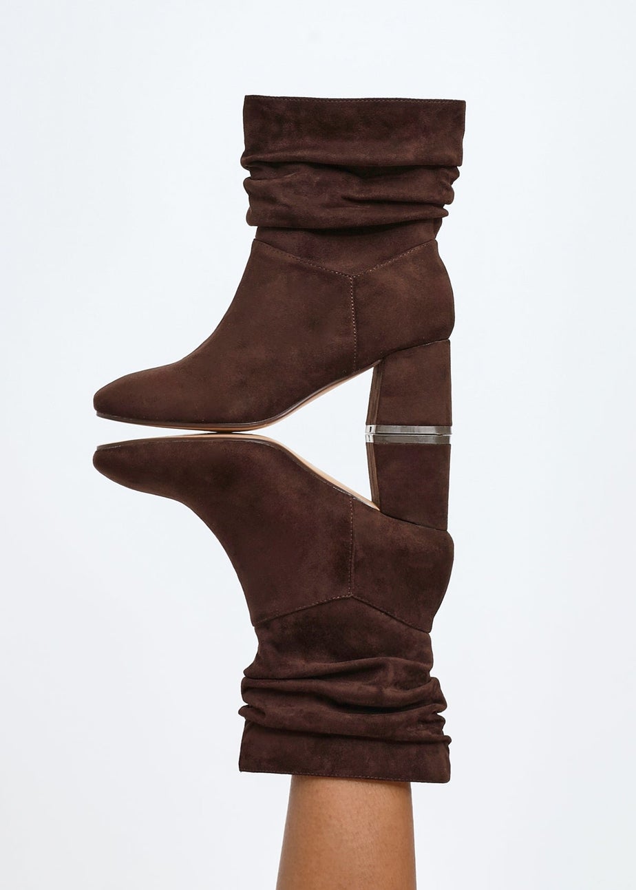Linzi Zayda Wide Fit Brown Faux Suede Ruched Heeled Ankle Boot