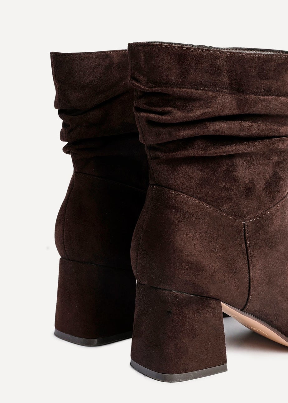 Linzi Zayda Wide Fit Brown Faux Suede Ruched Heeled Ankle Boot