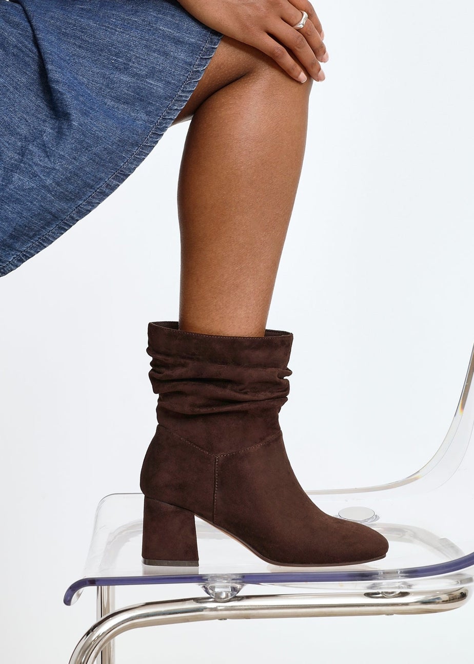 Linzi Zayda Wide Fit Brown Faux Suede Ruched Heeled Ankle Boot